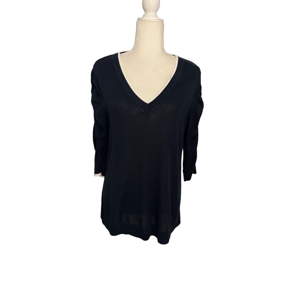 J. Jill navy v-neck knit top with cream trim and gathered sleeves - M